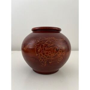 Vintage Wooden Hand Turned‎ Vase with carved grape design - 6"